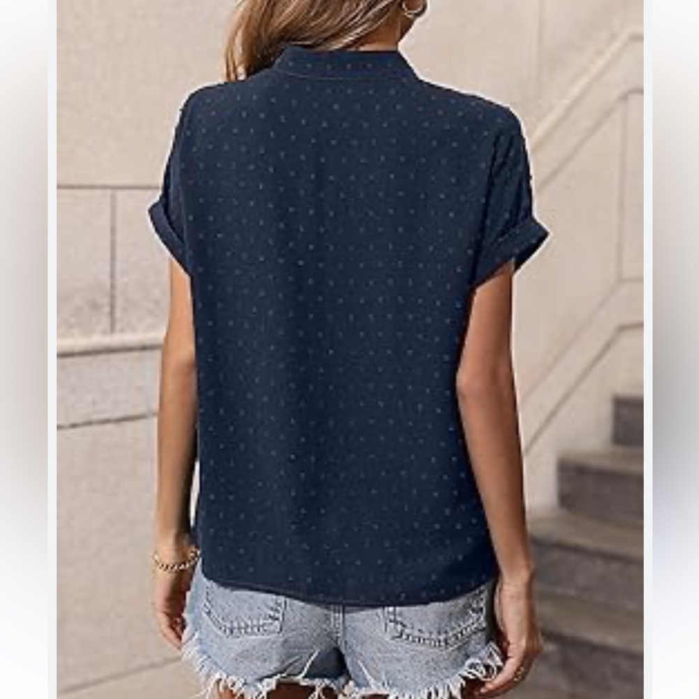 SHEIN navy blue cap sleeve embroidered dotted top blouse notched v-neck L - Picture 2 of 3